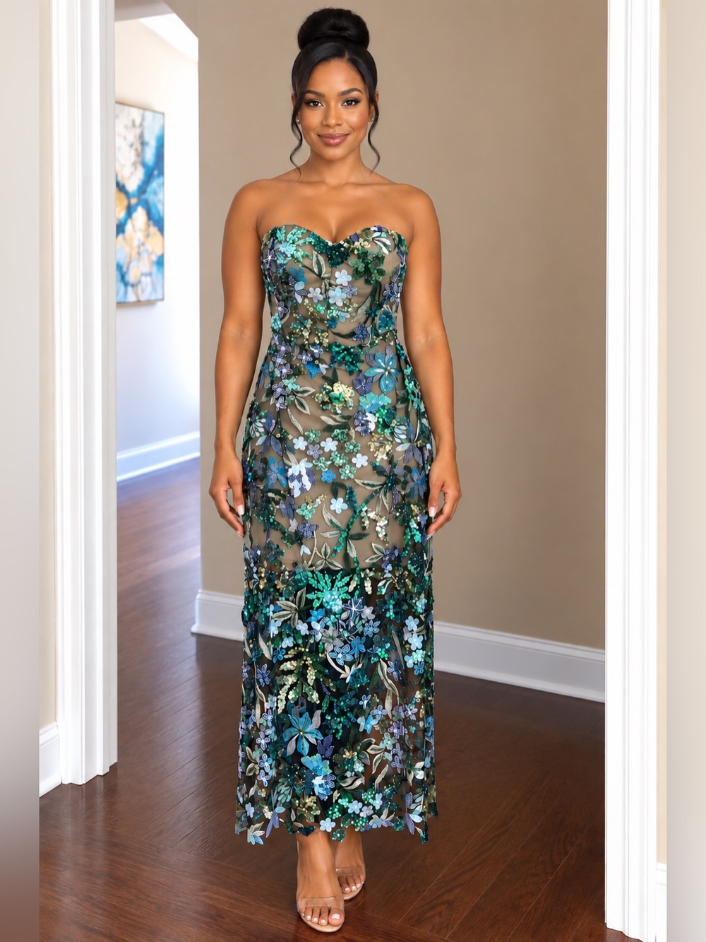 Strapless Embroidered Floral Sheer Gown - Blue Green